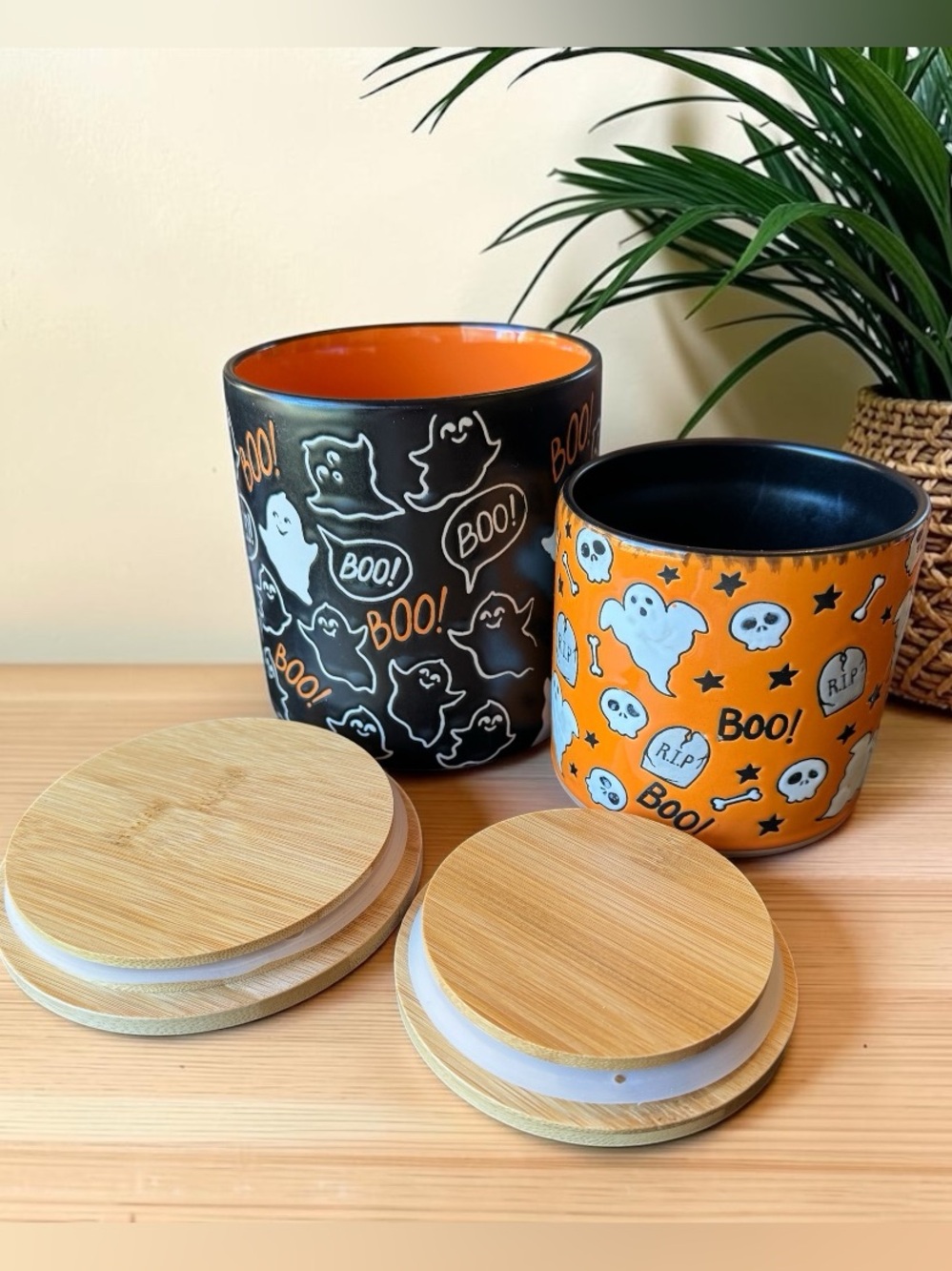 Eli + Ana Halloween Ghost Ceramic Canister Set of 2 with Bamboo Lids - Picture 6 of 10